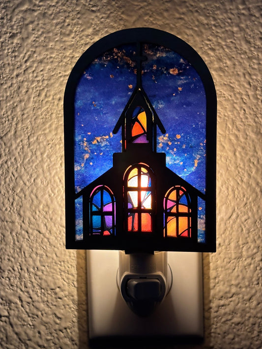 Colorful church suncatcher with stained glass effect, crafted from wood and acrylic lighted.