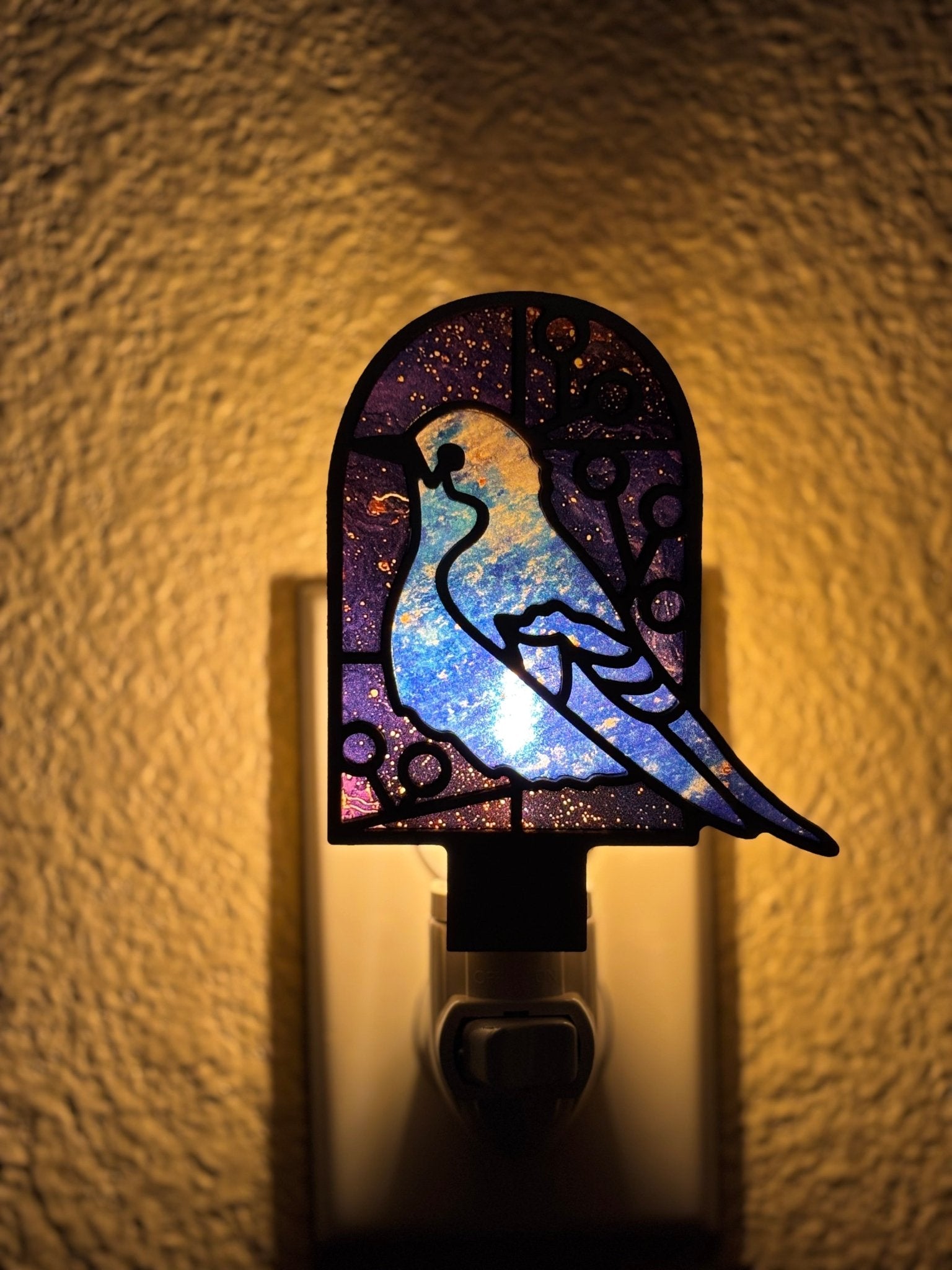 Bluebird stained glass effect nightlight in wood and acrylic, featuring a rustic-modern style lighted.