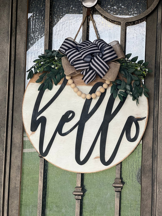 White Hello Door Hanger in rustic wood with black text, 18 inches on metal door.