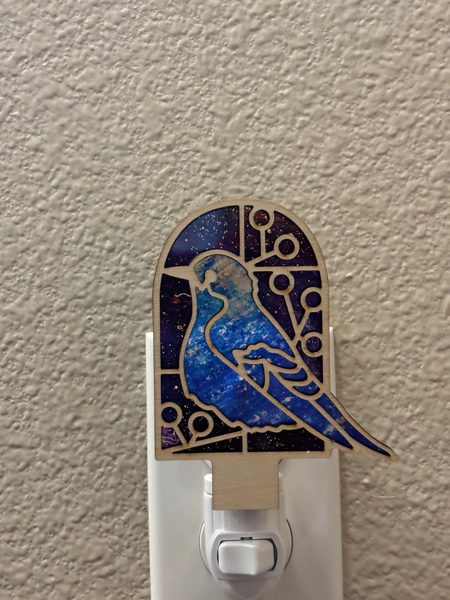 Bluebird stained glass effect nightlight in wood and acrylic, featuring a rustic-modern style.