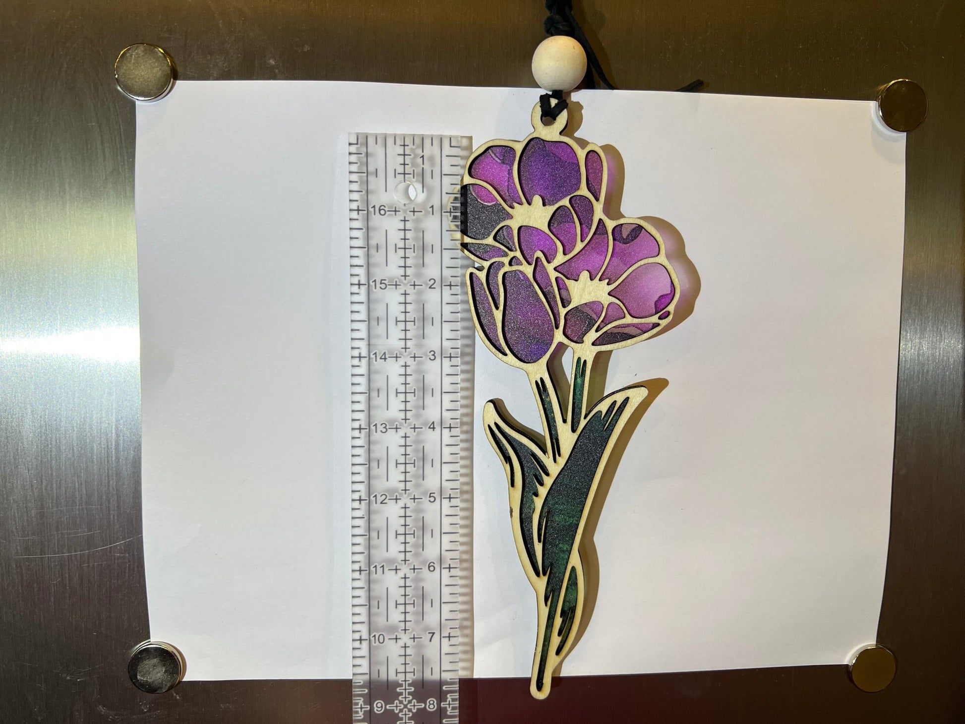 Unlit Image Purple flower with stem suncatcher made of wood and acrylic with rustic charm.