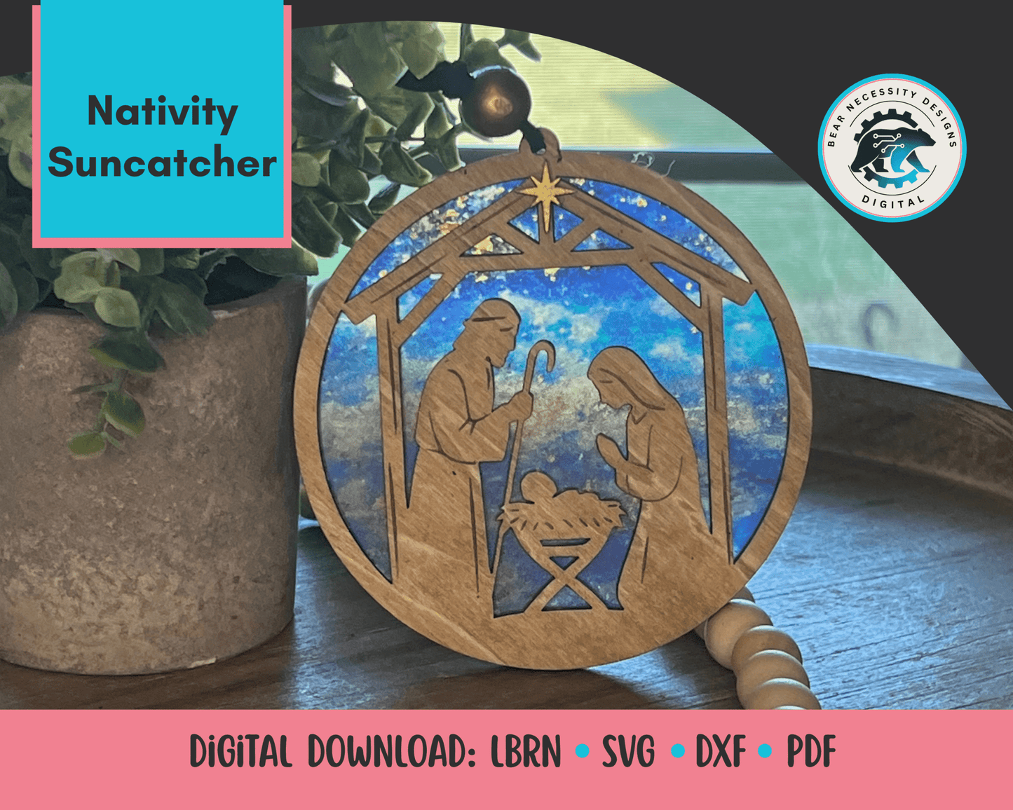 Nativity Ornament and Suncatcher SVG – 4.5" & 8" Holy Family Laser Cut File (Digital Download)