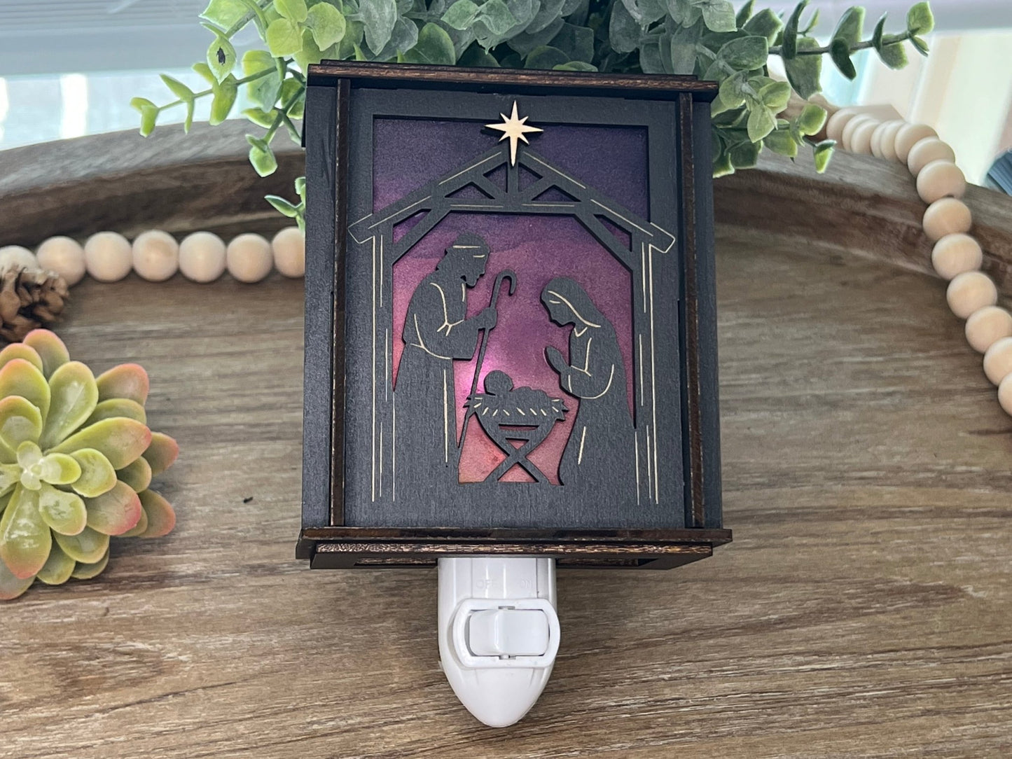 Black wood and multicolor acrylic Christmas Nativity Lantern Nightlight unlit.