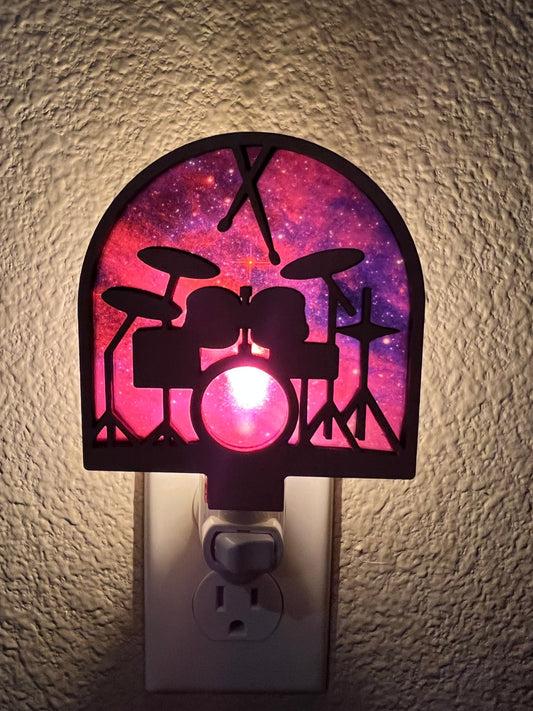 Rustic wood and acrylic nightlight with stained glass effect in multicolor lighted.