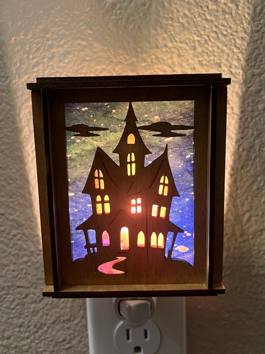 Haunted House Lantern Nightlight with stained glass effect in golden oak wood, perfect for rustic decor - front, light view.