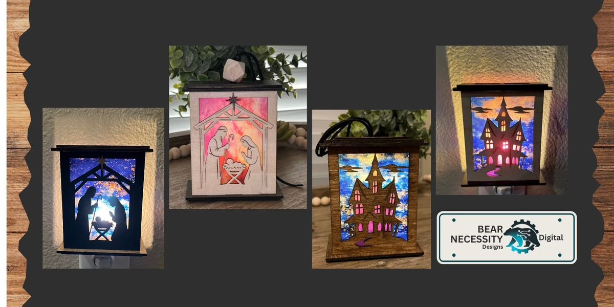 Collage of handmade Haunted House and Nativity lantern nightlights and ornaments designed by Bear Necessity Designs.