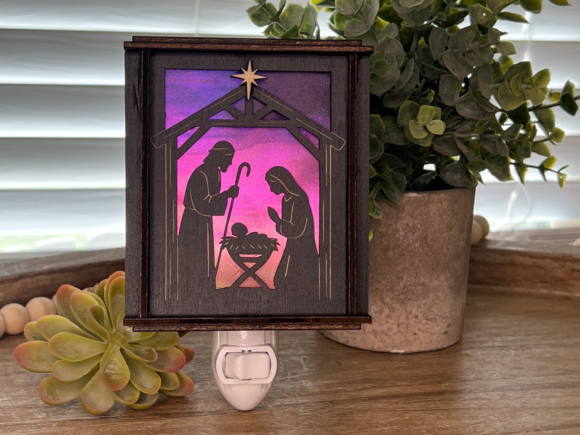 Black wood and multicolor acrylic Christmas Nativity Lantern Nightlight i sunlight.