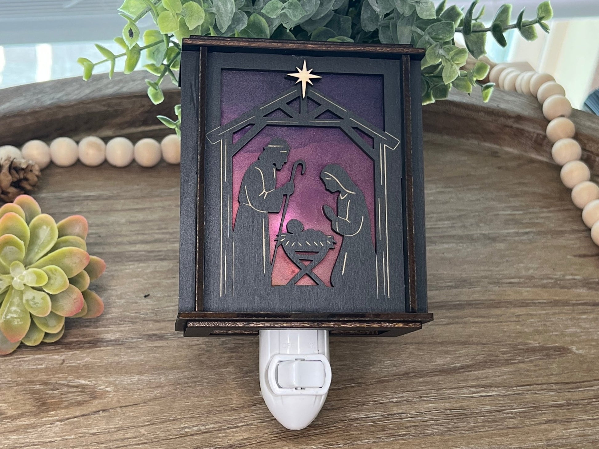 Black wood and multicolor acrylic Christmas Nativity Lantern Nightlight unlit.
